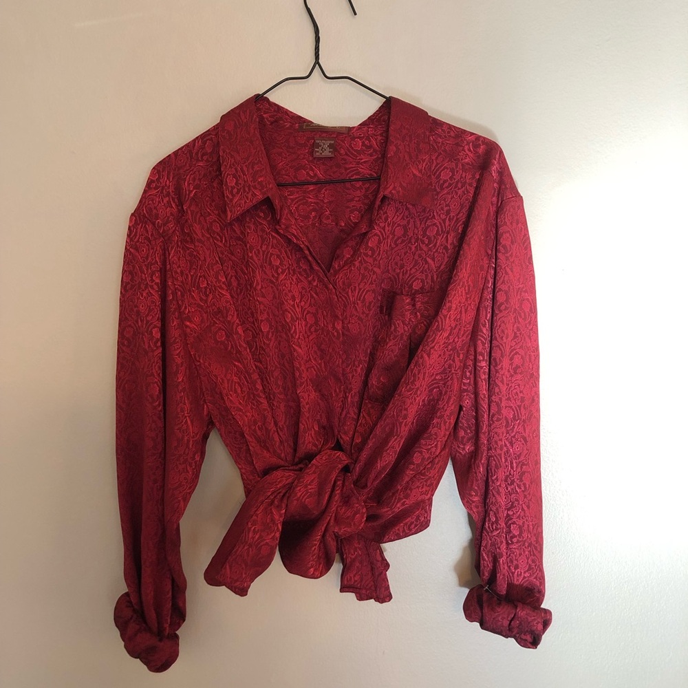 Red Silky Button Down Blouse - image 1